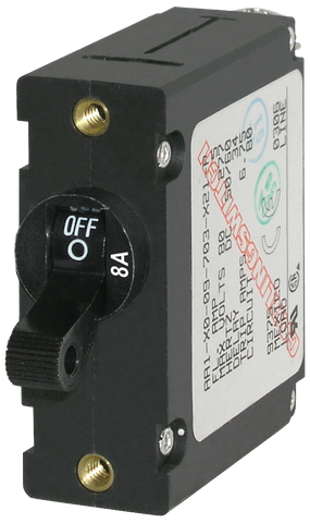 Blue Sea 8A single-pole toggle circuit breaker with black lever and threaded mounting holes