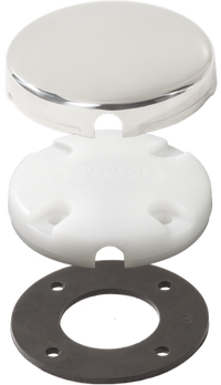 Exploded view of a side-mount cable clam showing the stainless steel cap, white plastic base and black gasket