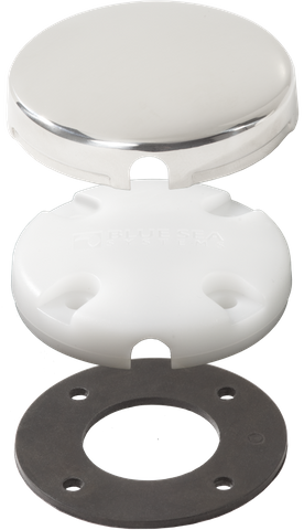 Exploded view of a side-mount cable clam showing the stainless steel cap, white plastic base and black gasket