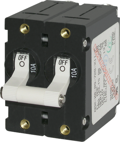 Blue Sea A-Series 10A double-pole toggle circuit breaker with white handles and brass mounting inserts