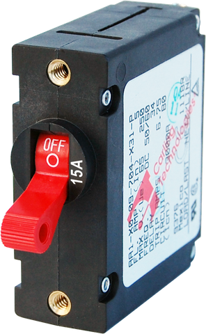 Red single-pole 15A toggle circuit breaker for marine and automotive electrical panels