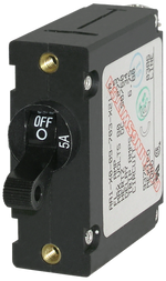 Black Blue Sea A-Series 5A single-pole toggle circuit breaker with brass mounting inserts
