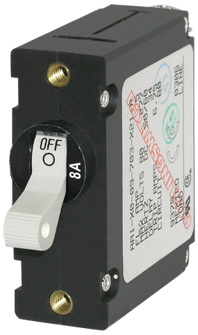 Blue Sea A Series 8A circuit breaker with white toggle switch and brass mounting holes