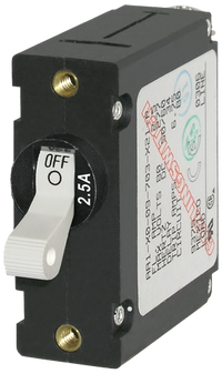 Single pole white toggle circuit breaker with 2.5A rating, black housing and brass threaded mounting holes