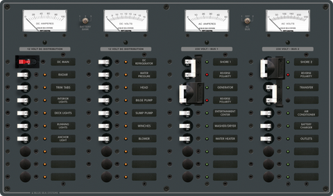 Blue Sea 230V AC and 12V DC distribution panel with 31 circuit positions and analog meters