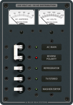 230V AC distribution panel with analogue meters, 16A main breaker and three 8A circuit positions with backlit labels