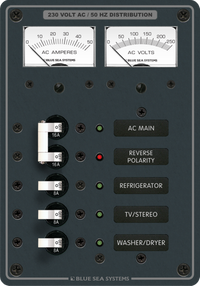 230V AC distribution panel with analogue meters, 16A main breaker and three 8A circuit positions with backlit labels
