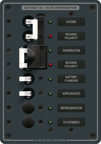 Front of AC distribution panel featuring 16A mains, source lockout and four 8A branch circuit positions
