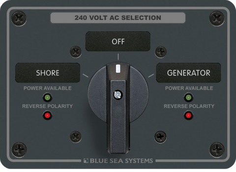 AC rotary source selector panel with shore and generator positions and LED polarity indicators