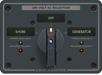 AC rotary source selector panel with shore and generator positions and LED polarity indicators