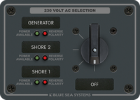 Blue Sea 230V AC rotary selector panel for generator and two shore power sources with LED safety indicators