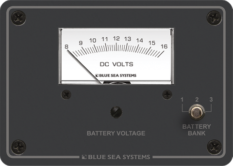 Analog 8-16V DC voltmeter with 3-position battery bank selector on aluminium panel