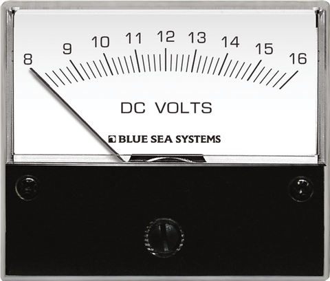 Analog DC voltmeter with 8V to 16V scale and clear white face in a black frame