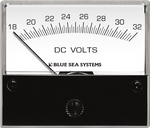 Square analogue DC voltmeter with white face, 18 to 32 volt scale and black housing