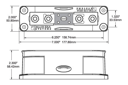 Technical drawing of ANL fuse holder showing length 177.8mm, width 50.8mm and height 58.42mm