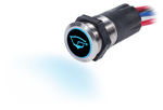 Blue backlit stainless steel button switch with bilge pump icon and tinned wire leads