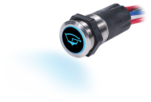 Stainless steel push button switch with blue backlit bilge pump icon and wiring harness