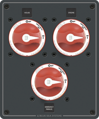 Blue Sea battery management panel with three red rotary switches for house, engine and emergency parallel circuits