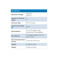 Specification chart showing 300V AC/48V DC max voltage, 250A rating, terminal type and torque specs