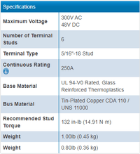 Specification chart showing 300V AC/48V DC max voltage, 250A rating, terminal type and torque specs