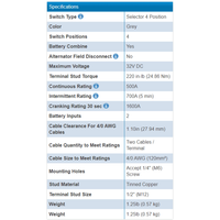 Technical specifications table for Blue Sea BS-3002B battery switch including voltage and amperage ratings