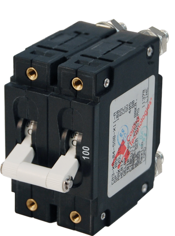 Blue Sea C-Series 100A double-pole circuit breaker with white toggle switch and black housing