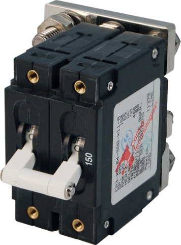 Blue Sea C-Series 150A double-pole circuit breaker with linked white toggles and rear stud terminals