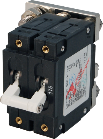 Blue Sea 175A double-pole C-Series toggle circuit breaker with linked white handles and rear terminal studs