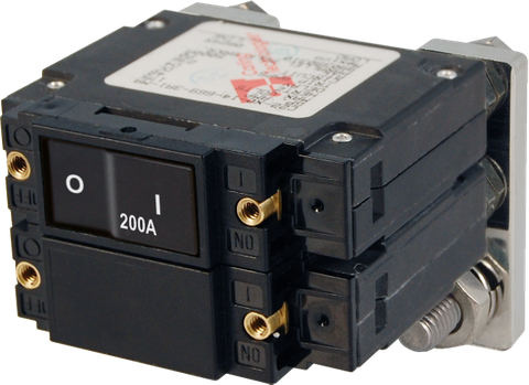 Blue Sea C-Series 200A double-pole circuit breaker with flat rocker switch