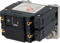 Blue Sea C-Series 200A double-pole circuit breaker with flat rocker switch