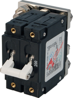 Double-pole 200A circuit breaker with white toggle switch and high-current stud terminals