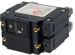Blue Sea C-Series 50A AC double-pole circuit breaker featuring a black flat rocker and rear stud terminals