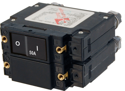 Blue Sea C-Series 50A AC double-pole circuit breaker featuring a black flat rocker and rear stud terminals