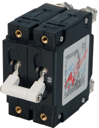Blue Sea C-Series 60A double-pole toggle circuit breaker with white linked levers