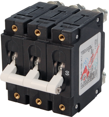 Blue Sea C-Series triple-pole 60A toggle circuit breaker with white joined switches and threaded mounting holes