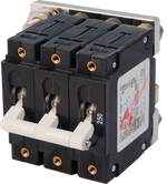 Blue Sea C-Series 250A triple-pole toggle circuit breaker with white bridged handle and side specification label