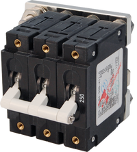 Blue Sea C-Series 250A triple-pole toggle circuit breaker with white bridged handle and side specification label