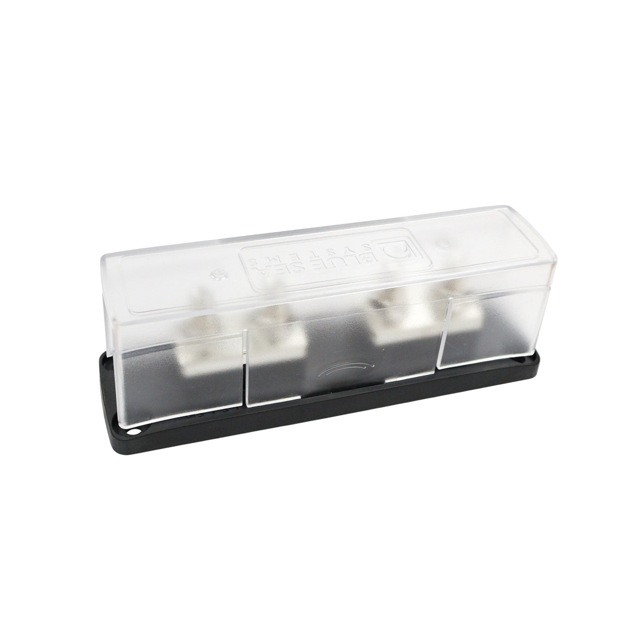Blue Sea Class T fuse block holder with clear insulating cover and black base