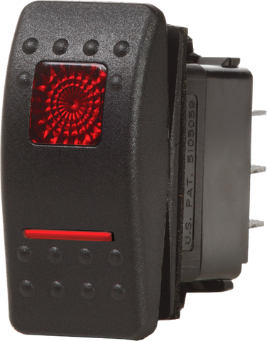 Black DPDT ON-ON rocker switch with red illuminated status window and mounting body