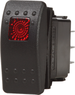Black Contura II DPST on-off rocker switch with red illuminated lens and quick-connect terminals