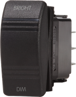 Black rocker dimmer switch with BRIGHT and DIM labels for marine electrical panels