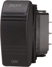 Black rocker dimmer switch with BRIGHT and DIM labels for marine electrical panels