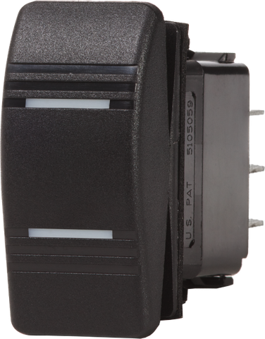 Black Contura DPDT ON-OFF-ON rocker switch showing the actuator profile and rear mounting housing