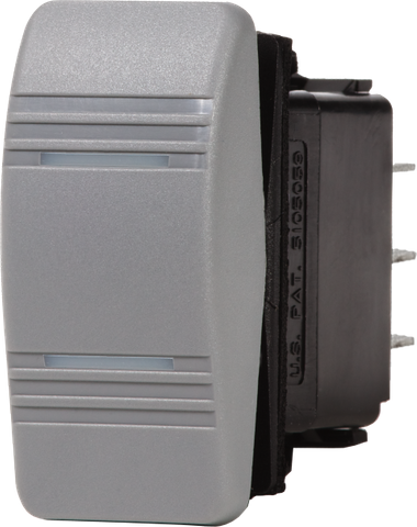 Grey rocker switch actuator with horizontal textured grip lines on a black panel-mount housing