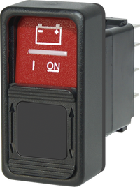 Red Contura rocker switch with battery icon and (ON)OFF(ON) momentary switching positions