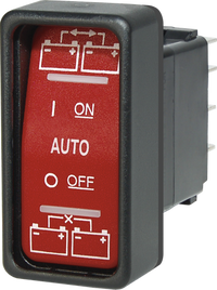 Red Blue Sea Contura SPDT rocker switch with ON-OFF-ON positions and battery management symbols
