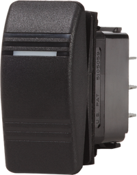 Black Contura SPST OFF-ON rocker switch with textured surface and rear spade terminals