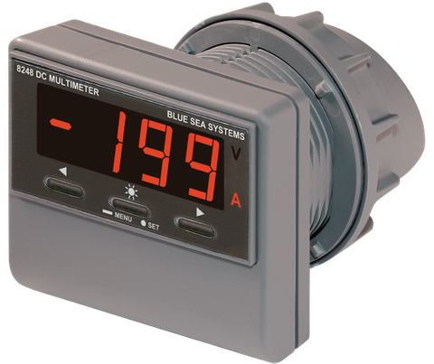 Blue Sea DC digital multimeter with red LED display and panel mount threaded housing