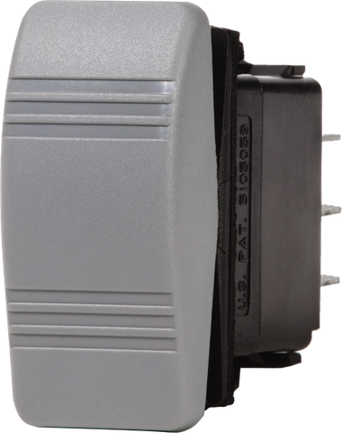 Grey Contura rocker switch side view showing actuator and black panel mount housing