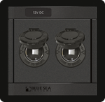 Front view of a black dual-socket 12V DC power outlet panel with protective covers open